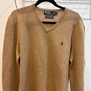 Ralph Lauren Men's V-Neck Camel Lamb Wool Sweater